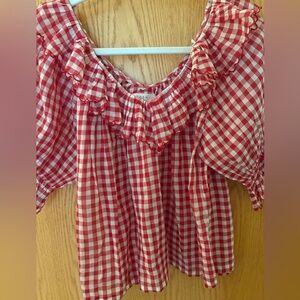 Doen Red and White Gingham Ruffled Blouse